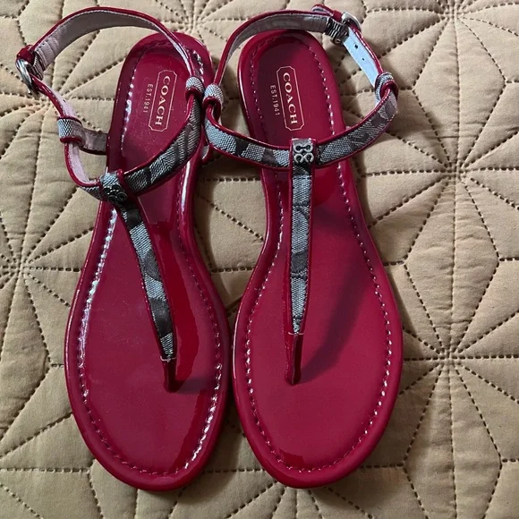 Coach Red and Black T-Strap Sandals - Picture 2 of 3